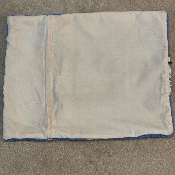 Jacobean Flower Wool Latch Hooked Pillow Blue Red 14x18" Cottage Core Country - Picture 4 of 11